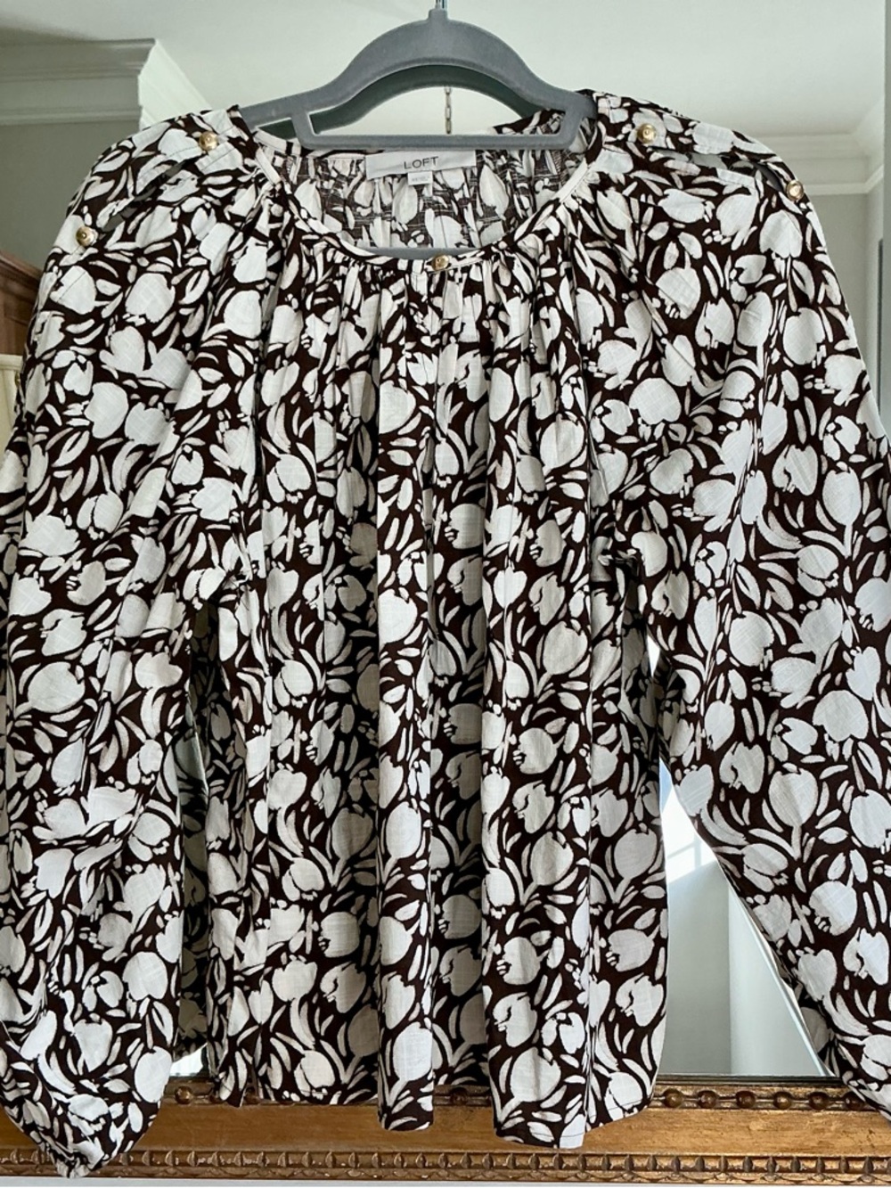 LOFT Cream and Brown Floral Peasant Top